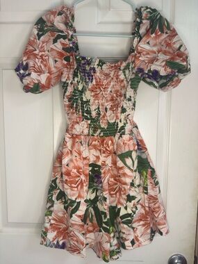 H&M Floral Smocked Dress in Peach, Green & Purple